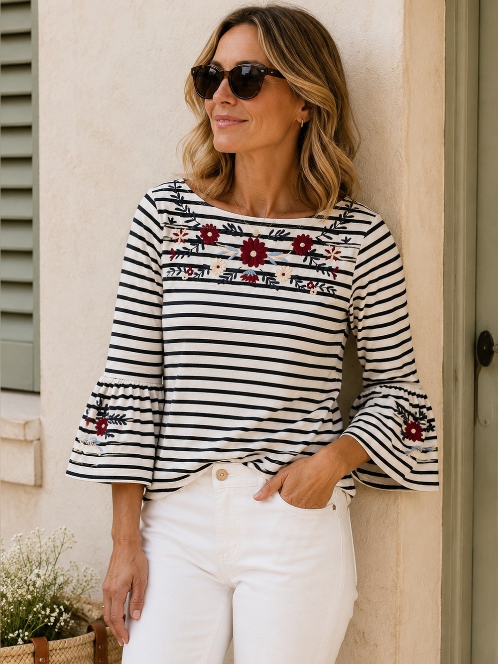 J.Crew Embroidered Breton Stripe Bell Sleeve Top Floral Cotton Size M